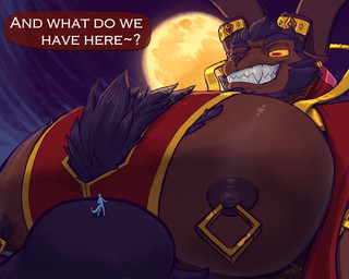 anthro black_hair black_nose brown_body brown_fur brown_nipples chest_tuft clip_on duo ear_piercing ear_ring fur hair looking_down looking_down_at_another macro male micro micro_on_macro moon nipple_piercing nipples piercing pupils red_eyes ring_piercing size_difference slit_pupils smile smirk tuft yellow_sclera nommz kings_of_hell baphomet_(kings_of_hell) bovid caprine goat mammal