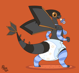 3_fingers ageplay ambiguous_gender anthro arm_warmers armwear back_wings bib black_body black_tail blue_pacifier claws clean_diaper clothed clothing diaper dropping_object finger_claws fingers infantilism legwear logo looking_back markings open_mouth orange_background pacifier pattern_arm_warmers pattern_armwear pattern_clothing pattern_legwear pattern_thigh_highs rear_view roleplay simple_background snaggle_tooth solo standing striped_arm_warmers striped_armwear striped_clothing striped_legwear striped_markings striped_tail striped_thigh_highs stripes surprised tail tail_markings thigh_highs toe_claws wearing_diaper wings bubblepuppers innocentenough nintendo pokemon lupi_(innocentenough) flygon generation_3_pokemon pokemon_(species) scalie artist_logo compression_artifacts digital_drawing_(artwork) digital_media_(artwork) full-length_portrait portrait