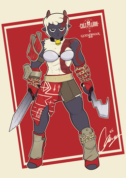 abs anthro armor bell bell_collar bodypaint breastplate chain clothing collar eye_scar facial_scar female fur gauntlets gloves handwear holding_object holding_weapon looking_at_viewer machete melee_weapon muscular muscular_female ncrossover pauldron scar shin_guards simple_background solo sword weapon wool_(fur) carrus cult_of_the_lamb god_of_war massive_monster_(studio) sony_corporation sony_interactive_entertainment kratos lamb_(cult_of_the_lamb) purple_crown_(cult_of_the_lamb) red_crown_(cult_of_the_lamb) bovid caprine mammal sheep absurd_res hi_res