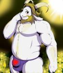 anthro beard belly big_bulge blonde_hair blue_clothing blue_underwear blush body_hair bulge clothed clothing facial_hair flower hair happy_trail horn long_ears male mature_anthro mature_male musclegut muscular muscular_anthro muscular_male plant skimpy solo topless underwear matsunari undertale undertale_(series) asgore_dreemurr boss_monster_(undertale) bovid caprine mammal digital_media_(artwork) half-length_portrait hi_res portrait