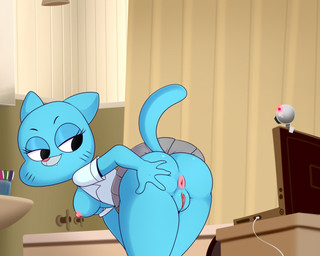 4_fingers anthro anus areola bathroom black_eyes blue_body blue_fur bottomwear breasts butt camera clothed clothing computer cute_fangs detailed_background electronics eyebrows eyelashes fangs female fingers fur genitals half-closed_eyes hand_on_butt laptop looking_back mature_anthro mature_female narrowed_eyes nipples no_underwear presenting presenting_hindquarters skirt smile solo spread_butt spreading teeth thick_thighs vulva webcam wide_hipped_female wide_hips lonbluewolf cartoon_network the_amazing_world_of_gumball nicole_watterson domestic_cat felid feline felis mammal 2018 5:4