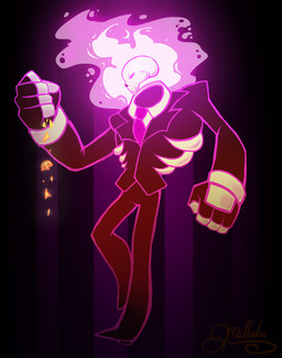 action_pose angry anterior_nasal_aperture bone clothed clothing crush fire fist male necktie not_furry pose simple_background skeleton solo standing suit miladee mystery_skulls lewis_pepper animated_skeleton ghost spirit undead hi_res purple_theme
