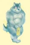 anthro balls belly blush genitals humanoid_hands male moobs nipples overweight overweight_anthro overweight_male simple_background solo towel nekomarudon tanukimaru canid canine canis domestic_dog mammal 2018 2:3