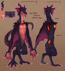 andromorph anthro dark_body digitigrade ear_frill frill_(anatomy) genitals grey_body horn humanoid_genitalia humanoid_vulva intersex lava looking_at_viewer membrane_(anatomy) membranous_wings mouth_closed narrowed_eyes nude nude_andromorph nude_anthro nude_intersex purple_frill purple_horn purple_wings red_eyes simple_background solo standing tail teeth text three-quarter_view vulva wings yellow_sclera yellow_teeth famir riorix mythology dragon elemental_creature mythological_creature mythological_scalie scalie 2019 dated english_text hi_res model_sheet signature female_(lore)