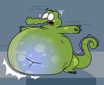 abdominal_bulge anthro belly belly_expansion belly_inflation big_belly blush expansion green_body huge_belly hyper hyper_belly inflation liquid_inflation male motion_lines navel nervous open_mouth solo tail teeth three-quarter_view transparent_belly water_inflation pawplants where's_my_water? swampy_(where's_my_water?) alligator alligatorid crocodilian reptile scalie 2021 digital_media_(artwork)