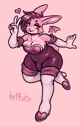 anthro armwear boots breasts bulge clothing cosplay detailed_bulge elbow_gloves footwear gesture gloves gynomorph hair hand_gesture handwear heart_symbol high_heeled_boots high_heels intersex legwear looking_aside on_one_leg shoes simple_background smile solo standing tail thigh_boots thigh_highs v_sign wings keffotin sega sonic_the_hedgehog_(series) lacey_(colabun) rouge_the_bat lagomorph leporid mammal rabbit 2026 digital_media_(artwork) trans_(lore)