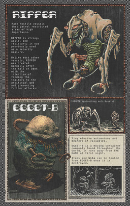 ambiguous_gender detailed_background horror_(theme) not_furry science_fiction stinger teeth text plastiboo godhusk the_hand_(godhusk) biomechanical egget-b humanoid monster ripper_(godhusk) vessel_(godhusk) character_name english_text official_art species_name