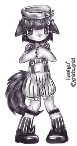 anthro blush bottomwear claws clothing footwear hair hat headgear headwear kemono male open_mouth pants pattern_clothing shoes simple_background socks solo standing striped_clothing stripes suspenders tail text young gnida_gnid canid canine mammal 135:256 black_and_white hi_res monochrome