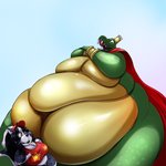 anthro belly big_belly big_pecs biped bottomless cape cape_only clothed clothing crown fangs green_body green_scales headgear huge_belly huge_thighs hyper hyper_belly macro male morbidly_obese morbidly_obese_anthro morbidly_obese_male mostly_nude obese obese_anthro obese_male open_mouth open_smile overweight overweight_anthro overweight_male pecs plantigrade scales sharp_teeth size_difference smile snout solo teeth thick_thighs topless shenzel donkey_kong_(series) nintendo king_k._rool shenzel_(shenzel) crocodile crocodilian domestic_cat felid feline felis kremling mammal reptile scalie 1:1 2018 digital_media_(artwork) hi_res