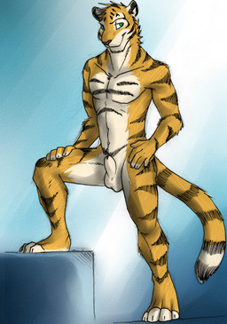 animal_genitalia anthro balls barely_visible_genitalia barely_visible_penis closed_smile front_view fur genitals green_eyes hand_on_hip hand_on_leg looking_aside male male_anthro markings mouth_closed neck_tuft nude penis penis_tip pose red_penis sheath simple_background slim_anthro slim_male smile solo standing striped_arms striped_body striped_fur striped_legs striped_markings striped_tail stripes tail tail_markings tuft white_balls white_body white_fur white_sheath yellow_body yellow_fur hufnaar solaxe_(artist) ulbrek felid mammal pantherine tiger absurd_res full-length_portrait hi_res portrait