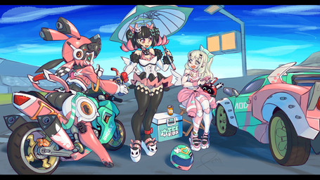 5_fingers alternate_costume antenna_wire armor beverage_can big_butt black_clothing black_hair black_legwear black_sclera black_thigh_highs bodily_fluids breasts butt checkered clothing cloud container cooler crop_top cropped_jacket cup detailed_background dress drinking_straw electronics exhaust eyes_closed fake_wings featureless_feet feet female fingers gesture glistening glistening_butt green_eyes green_hair_bow group hair hand_gesture headgear helmet highlights_(coloring) holding_container holding_cup holding_object holding_phone jacket jacket_around_waist led_light legwear looking_at_another machine medium_breasts metallic_body metallic_hair motorcycle multicolored_clothing not_furry on_lap open_mouth open_smile parasol phone pigtails pink_clothing pink_crop_top pink_hair pink_hair_bow pink_highlights pink_jacket pink_legwear pink_shirt pink_thigh_highs pink_topwear platform_footwear pseudo_hair race_car racetrack robotic_joints robotic_leg shirt sign sky smile smiling_at_another sweat sweatdrop text text_on_body thick_thighs thigh_highs thumbs_up topwear trio_focus vehicle white_clothing white_crop_top white_dress white_hair white_legwear white_thigh_highs white_topwear vulturoth mihoyo zenless_zone_zero aria_(zenless_zone_zero) nangong_yu_(zenless_zone_zero) sunna_(zenless_zone_zero) bangboo human humanoid lagomorph mammal robot robot_anthro robot_humanoid 16:9 2026 english_text hi_res signature widescreen