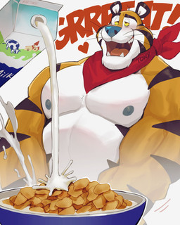 anthro barazoku blue_nose bodily_fluids cereal cum eyebrows food genital_fluids kerchief male mascot milk muscular muscular_male neckerchief neckwear nipples open_mouth pecs simple_background smile solo stripes uvula whiskers white_background yellow_sclera k0bit0wani frosted_flakes kellogg's tony_the_tiger felid mammal pantherine tiger absurd_res hi_res