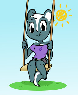 anthro biped blue_sky clothed clothing female fully_clothed looking_at_viewer outside sitting sky smile solo sun swing toony krackdown9 evie_(krackdown9) mammal mephitid skunk