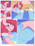 2015 anthro anthrofied bed blue_eyes blush bodily_fluids breasts chromapan clothing comic digital_media_(artwork) donut_joe_(mlp) duo earth_pony english_text equid equine eyes_closed female friendship_is_magic fur furniture genital_fluids hair half-closed_eyes hasbro horn horse inside male mammal my_little_pony mythological_creature mythological_equine mythology narrowed_eyes open_mouth pink_body pink_fur pink_hair pinkie_pie_(mlp) pony precum sleeping slightly_chubby smile text tongue tongue_out unicorn
