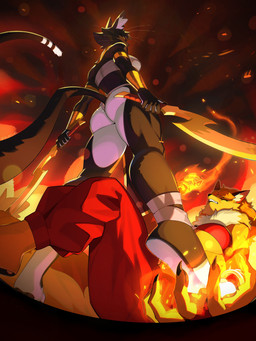 accessory action_pose amber_eyes ankle_wraps anthro armband biceps black_body black_fur blade bottomwear bracelet breasts butt claws clenched_teeth clothed clothing defeated duo egyptian egyptian_clothing elemental_manipulation eyelashes eyes_closed female fight finger_claws fire fire_manipulation fluffy fluffy_chest fur gold_(metal) gold_armband gold_bracers gold_jewelry gold_necklace hair holding_melee_weapon holding_object holding_sword holding_weapon inner_ear_fluff jewelry looking_at_viewer looking_back low-angle_view lying melee_weapon multicolored_body multicolored_fur muscular muscular_anthro muscular_female necklace on_back on_ground open_mouth orange_hair pants pose quads red_sclera sharp_teeth skimpy sling_bra standing sword tail teeth tuft two_tone_body two_tone_fur under_boob usekh weapon whiskers white_body white_fur white_inner_ear white_inner_ear_fluff wraps yellow_body yellow_fur muart242 bacardi_(muart242) canid canine domestic_cat felid feline felis fox mammal 2026 3:4 absurd_res hi_res