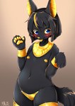 anthro anubian_jackal black_body black_fur black_hair blonde_hair blue_eyes blush bracelet canid canine canis claws clothed clothing egyptian female flat_chested fur gold_(metal) gold_nipples hair hi_res jackal jewelry kemono looking_at_viewer mammal multicolored_hair navel nipples panties pawpads shiitakemeshi short_hair solo tongue tongue_out topless underwear
