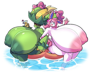 anthro areola big_areola big_breasts big_nipples black_eyes blue_eyes breasts cocktail_glass container cup drinking_glass duo female fusion gesture glass glass_container glass_cup gloves_(marking) green_areola green_body green_nipples hair huge_areola huge_breasts huge_nipples huge_thighs hyper hyper_breasts inflatable inner_tube looking_at_viewer markings nipples nude nude_female one_eye_closed open_mouth partially_submerged pink_areola pink_hair pink_nipples pokemon_fusion thick_thighs water waving waving_at_viewer white_body yellow_sclera nonarycubed nintendo pokemon adriana_(rubyqm) selene_(itsawulf) eeveelution generation_3_pokemon generation_5_pokemon generation_6_pokemon humanoid ludicolo maractus pokemon_(species) sylveon digital_media_(artwork) hi_res