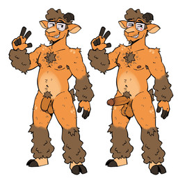 anthro balls brown_body brown_fur brown_hair chest_tuft curved_horn erection eyewear eyewear_only flaccid fur genitals glasses glasses_only grin hair half-closed_eyes hooves horn humanoid_genitalia humanoid_penis male narrowed_eyes nude orange_body orange_fur penis pubes smile solo tan_body tan_fur tuft wearing_glasses mocheccino moche_(mocheccino) bovid caprine mammal sheep hi_res model_sheet