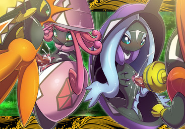 blue_hair blush bodily_fluids cum erection female floating genital_fluids genitals group hair male male/female orange_hair penetration penis pink_hair sex vulva kicktyan nintendo pokemon generation_7_pokemon humanoid legendary_pokemon pokemon_(species) tapu_bulu tapu_fini tapu_koko tapu_lele censored hi_res mosaic_censorship