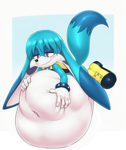 abdominal_bulge ambiguous_gender ambiguous_prey anthro blue_body blue_fur floppy_ears fur half-closed_eyes hand_on_belly long_ears looking_pleasured lying male male_pred narrowed_eyes on_front purple_eyes slight_blush smile smirk solo unwilling_prey vore young young_anthro young_pred puyopopper idw_publishing sega sonic_the_hedgehog_(comics) sonic_the_hedgehog_(idw) sonic_the_hedgehog_(series) kitsunami_the_fennec canid canine canis domestic_dog fennec_fox fox hybrid mammal true_fox 2026 colored hi_res