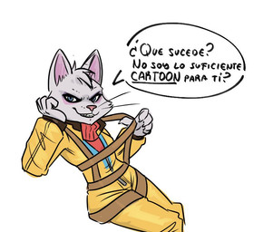 anthro blue_eyes breaking_the_fourth_wall clothed clothing dialogue female flirting flirting_with_viewer harness jumpsuit looking_at_viewer simple_background smug solo speech_bubble text white_background yellow_clothing yellow_jumpsuit deadyoung7 nintendo star_fox star_fox_(2026) katt_monroe domestic_cat felid feline felis mammal 2026 spanish_text translation_request