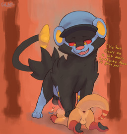 animal_genitalia anthro anthro_on_feral anus backsack balls bestiality bodily_fluids clothing dialogue dominant duo feline_genitalia feral genitals hat headgear headwear male male/male musk pawpads paws peaked_cap penis penis_on_head smile stepped_on sweat talking_to_another trampling glibnel nintendo pokemon odds_(glibnel) generation_4_pokemon luxray mammal mustelid otter pokemon_(species) absurd_res hi_res huge_filesize