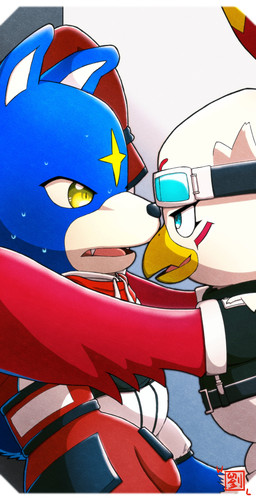 anthro beak blue_body blue_fur boxing_gloves brown_body brown_feathers clothing duo eyewear eyewear_on_head feathers fur goggles goggles_on_head handwear kabedon male male/male nervous smug littlevdemagic bandai_namco digimon avian canid canine digimon_(species) gaomon hawkmon mammal absurd_res hi_res