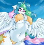 absurd_res anthro anthrofied big_breasts bikini breasts cleavage clothed clothing equid equine female friendship_is_magic hasbro hi_res horn huge_breasts mammal my_little_pony mythological_creature mythological_equine mythology nipple_outline princess_celestia_(mlp) solo swimwear two-piece_swimsuit winged_unicorn wings yutakira92