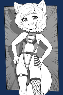 anthro biped camel_toe clothed clothing eyelashes female fingers fishnet_clothing fishnet_legwear flat_chested fluffy fluffy_tail hair hands_on_hips legwear loli looking_at_viewer pupils simple_background smile solo tail young sicmop domestic_cat felid feline felis mammal 2:3 absurd_res alpha_channel hi_res monochrome