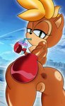 absurd_res anthro anus bandicoot blonde_hair bodily_fluids boxing_gloves breasts butt butt_focus cinnamon_the_bandicoot clothing fan_character female genitals green_eyes hair handwear hi_res mammal marsupial mobian_monster mohawk muscular muscular_female nipples presenting presenting_anus pussy sega slurpee solo sonic_the_hedgehog_(series) spread_anus spreading straw_in_mouth sweat sweaty_breasts sweaty_butt
