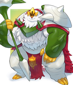 4_fingers anthro anthrofied beard big_beard biped black_eyes bottomwear cape chest_tuft claws closed_smile clothing countershade_arms countershading crown facial_hair fangs fingers fluffy fluffy_chest fur_cape fur_clothing gold_crown gold_loincloth green_arms headgear holding_object holding_weapon loincloth looking_at_viewer male mouth_closed red_bottomwear red_cape red_clothing red_loincloth red_nose shadow shell simple_background slightly_chubby slightly_chubby_anthro slightly_chubby_male smile smiling_at_viewer snaggle_tooth solo spiked_shell spikes spikes_(anatomy) standing teeth text tuft two_tone_arms two_tone_loincloth weapon white_arms white_background white_beard white_face white_facial_hair yellow_claws yellow_fingers o-ro nintendo patreon pokemon pokemon_legends_z-a generation_9_pokemon mammal mega_chesnaught mega_evolution pokemon_(species) 2025 artist_name digital_drawing_(artwork) digital_media_(artwork) hi_res url