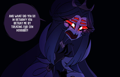 anthro black_background bodily_fluids crying female hair long_hair looking_forward red_eyes sad simple_background solo speech_bubble tears text white_text teathekook hellaverse helluva_boss queen_octavia_(teathekook) avian bird owl owl_demon hi_res