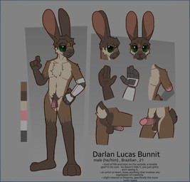 anthro anus arm_tuft backsack balls biped brown_body brown_fur butt cheek_tuft chest_tuft chin_tuft colored_outline contiguous_snout countershade_torso countershading duo erection eyebrows eyewear facial_tuft feet fingers flaccid foreskin fur genitals glans glasses glistening glistening_eyes gloves_(marking) green_eyes hair humanoid_genitalia humanoid_penis lagomorph_nose leg_markings looking_at_viewer male markings nude penis prosthetic prosthetic_arm prosthetic_limb pubes scut_tail short_tail shoulder_tuft simple_background socks_(marking) solo tail text tuft v_nose darli_buni darlan_bunnit domestic_rabbit lagomorph leporid mammal oryctolagus rabbit digital_media_(artwork) english_text model_sheet