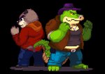 anthro biped black_nose bottomwear clothing duo green_body grey_body hat headgear headwear hoodie kemono male overweight overweight_male pants shirt topwear nanadragon4 brok_the_investigator cowcat_games brok_(brok_the_investigator) graff_filsh alligator alligatorid crocodilian domestic_cat felid feline felis mammal reptile scalie 2024 animated