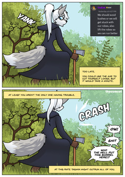 anthro axe blue_eyes border clothed clothed_anthro clothed_female clothing dark_clothing detailed_background dialogue fantasy female fur grey_body grey_fur hair long_hair melee_weapon outside plant profanity robe speech_bubble text tree weapon white_body white_border white_fur white_hair thecumrat sylvia_(thecumrat) canid canine fox mammal absurd_res comic english_text hi_res story