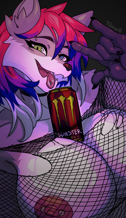 anthro areola barbell_piercing beverage_between_breasts big_breasts breasts choker clothing eyebrow_piercing eyelashes facial_piercing female fishnet_clothing fishnet_topwear hair heterochromia huge_breasts jewelry long_eyelashes multicolored_hair necklace nipple_dip nipple_piercing nipples object_between_breasts piercing smile smiling_at_viewer solo tongue tongue_piercing topwear tuft tvmob monster_energy coldy_the_wolf canid canine mammal absurd_res hi_res