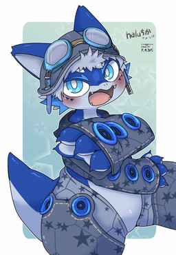 ambiguous_gender anthro blue_body blue_fur blush claws clothed clothing countershading crossed_arms eyewear eyewear_on_head fangs featureless_crotch fur goggles goggles_on_head grey_body grey_fur grey_hair hair hat headgear headwear logo looking_at_viewer looking_up pattern_background simple_background sitting sleeves smile solo tail teeth text doneru canid canine hybrid mammal english_text hi_res japanese_text