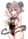 ahoge big_breasts big_ears blush breasts camel_toe cleavage_cutout clothed clothing cutout female grey_hair hair holding_object navel navel_outline one-piece_swimsuit one_eye_closed red_eyes short_hair side_boob side_cutout sideless_swimsuit smile solo swimwear tight_clothing towel wink sabitare touhou nazrin animal_humanoid humanoid mammal mammal_humanoid mouse_humanoid murid murid_humanoid murine murine_humanoid rodent rodent_humanoid absurd_res hi_res