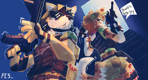 anthro biped bottomwear brown_body brown_fur brown_hair bubble_butt bulletproof_vest butt camo camo_bottomwear camo_clothing camo_print camo_shirt camo_shorts camo_topwear clothing daisy_dukes denim denim_bottomwear denim_clothing denim_shorts dialogue duo eyewear female front_view fur gun hair hat headgear headwear holding_gun holding_object holding_ranged_weapon holding_rifle holding_weapon hotpants looking_at_another looking_at_partner looking_back looking_back_at_another looking_back_at_partner low-angle_view male neck_tuft pattern_bottomwear pattern_clothing pattern_shirt pattern_shorts pattern_topwear pixel_sunglasses purple_eyes ranged_weapon rear_view rifle shirt shorts stairs sunglasses tactical_gear topwear tuft weapon yellow_eyes fc5 canid canine canis domestic_dog mammal 2025 hi_res