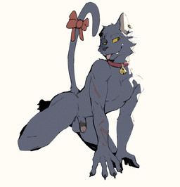 anthro bell bell_collar black_body black_fur bow_ribbon bruised bruised_eye collar collar_only eye_scar facial_scar fur male nude nude_male scar solo tail yellow_sclera jrjresq tussle_(jrjresq) domestic_cat felid feline felis mammal hi_res