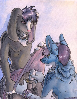 anthro applying_chastity_device bottomwear chastity_cage chastity_device clothed clothing clothing_lift crossdressing duo femboy genitals lock male over_sheath_chastity_cage padlock penis phallic_chastity_device sheath_chastity_cage skirt skirt_lift solid_chastity_cage topless wearing_chastity_cage wearing_chastity_device ruaidri canid canine lagomorph leporid mammal rabbit