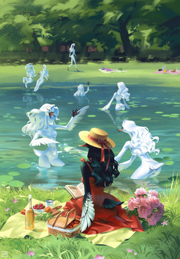 alcohol anthro basket beverage boater_hat breasts clothing container dress featureless_breasts featureless_crotch female food fruit grape group hat headgear headwear lily_pad nude picnic_basket picnic_blanket plant pond red_clothing red_dress straw_hat strawberry tree water wine wine_bottle holivi anatid anseriform anserine avian bird swan hi_res