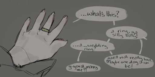 anthro dialogue digit_ring grey_background jewelry male nails offscreen_character ring ring_(jewelry) simple_background solo text wedding_ring young cerberussenn louie_sweeto_(cerberussenn) canid canine canis mammal wolf english_text sketch