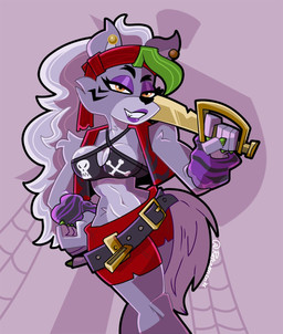 accessory alternate_costume anthro arm_warmers armwear belt bottomwear breasts cleavage clothed clothing ear_piercing eyeshadow female fluffy fluffy_tail green_highlights grey_body grey_hair hair headband highlights_(coloring) lipstick long_hair loose_belt makeup melee_weapon midriff open_clothing open_topwear open_vest piercing pirate pirate_outfit purple_body purple_eyeshadow purple_lipstick purple_makeup red_bottomwear red_clothing red_headband red_shorts sabre_(weapon) shorts silver_tail sword tail toned_female topwear vest weapon wide_hips yellow_eyes retconn five_nights_at_freddy's five_nights_at_freddy's:_security_breach scottgames steel_wool_studios roxanne_wolf canid canine canis mammal wolf hi_res