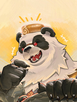 anthro black_body black_fur cake claws dessert eyes_closed eyewear fangs finger_claws food food_on_head fur glasses heart_symbol laugh male multicolored_body multicolored_fur red_eyewear red_glasses ring sharp_teeth simple_background solo teeth two_tone_body two_tone_fur white_body white_fur yellow_background unatazaamarilla mihoyo zenless_zone_zero pan_yinhu bear giant_panda mammal thiren 2025 bust_portrait hi_res portrait