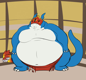 anthro belly big_belly blue_body blue_eyes blue_tail chubby_cheeks claws clothing male moobs navel obese obese_male overweight overweight_male red_clothing red_mask solo standing sumo tail thick_arms thick_thighs white_belly white_body standuseralex bandai_namco digimon mythology digimon_(species) dragon flamedramon mythological_creature mythological_scalie scalie