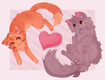 belly_tuft cheek_tuft chest_tuft countershade_fur countershading dipstick_tail duo facial_tuft featureless_crotch feral fluffy fur gloves_(marking) green_eyes grey_body grey_fur head_markings head_tuft heart_symbol looking_at_another looking_at_partner markings neck_tuft orange_body orange_fur pattern_background pawpads simple_background smile smiling_at_another smiling_at_partner spread_legs spreading striped_background tail tail_markings tuft yellow_eyes conditional_dnp waterthissport warriors_(book_series) firestar_(warriors) graystripe_(warriors) domestic_cat felid feline felis mammal tabby_cat full-length_portrait hi_res portrait shaded