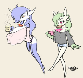 beverage big_breasts blue_body blue_hair bottomwear bread breast_size_difference breasts cleavage clothed clothing coffee container cup duo electronics female food green_body green_hair hair huge_breasts long_legs midriff mug multicolored_body one_eye_obstructed orange_eyes panties phone pink_eyes shirt shorts simple_background text thin_calves thin_legs thin_thighs toast toast_in_mouth top_heavy topwear underwear white_body zedrin nintendo pokemon lucille_(zedrin) marissa_(zedrin) gardevoir generation_3_pokemon humanoid pokemon_(species) shiny_pokemon 2022 digital_media_(artwork) english_text signature