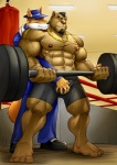 abs anthro athletic barbell barefoot beard biceps big_muscles black_hair blush bodily_fluids bottomwear brown_body brown_fur bulge clothed clothing duo exercise facial_hair feet footwear fur goatee grope hair hat headgear headwear holding_object jacket jewelry male male/male muscular muscular_male necklace nipples pants pec_grab pecs pose scar shoes shorts standing suit sweat tan_body tan_fur topless topwear vein weightlifting weights white_body white_fur workout maxima wolfplot don_leonardo john_dempsey canid canine canis felid fox lion mammal pantherine wolf 2014