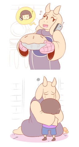 2_horns ambiguous_gender ambiguous_human anthro barefoot bodily_fluids cellphone clothed clothed_anthro clothed_human clothing crying duo electronics eyelashes eyes_closed feels feet flying_sweatdrops food fully_clothed fully_clothed_human fur handwear horn hug kneeling open_mouth open_smile oven_mitts pastry phone pie size_difference smile solo speech_bubble sweat sweatdrop tears white_body white_fur young young_human theycallhimcake undertale undertale_(series) frisk_(undertale) toriel boss_monster_(undertale) bovid caprine goat human mammal 2015 digital_drawing_(artwork) digital_media_(artwork) english_description hi_res female_(lore)